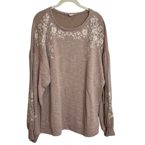 Nurture by Westbound Womens Knit Top Plus Size 1X Sweet Taupe Embroidered Floral - Picture 1 of 9